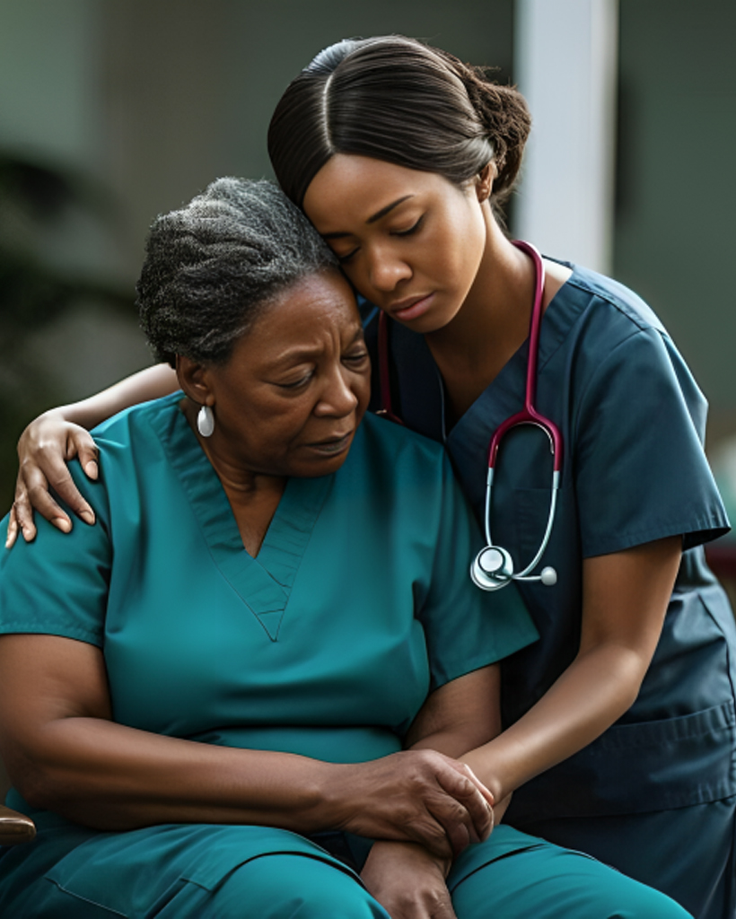 Nurse offering emotional support and care to an elderly patient.