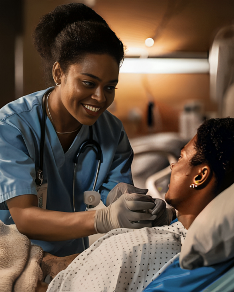 Smiling nurse providing attentive care to a patient in a hospital bed.