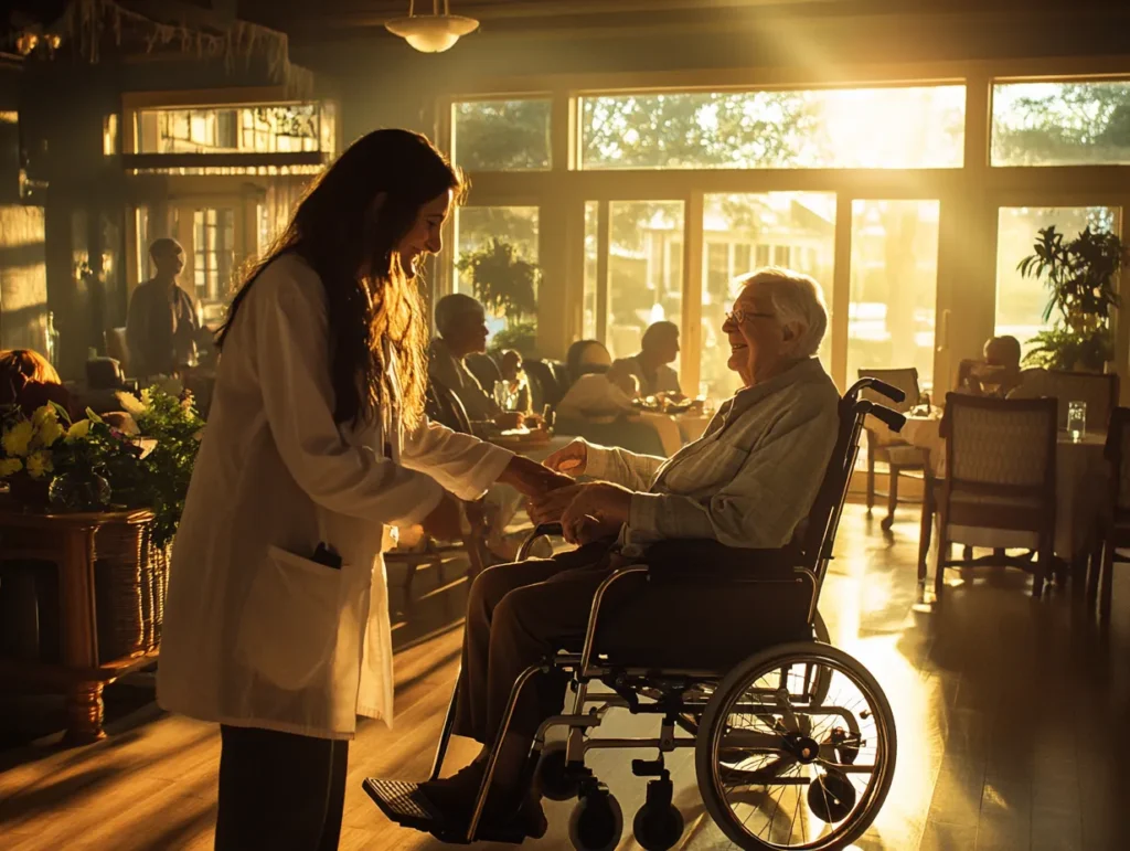 A compassionate nurse assisting an elderly resident in a wheelchair inside a well-lit nursing home in Chicago, showcasing high-quality senior care and emotional support.