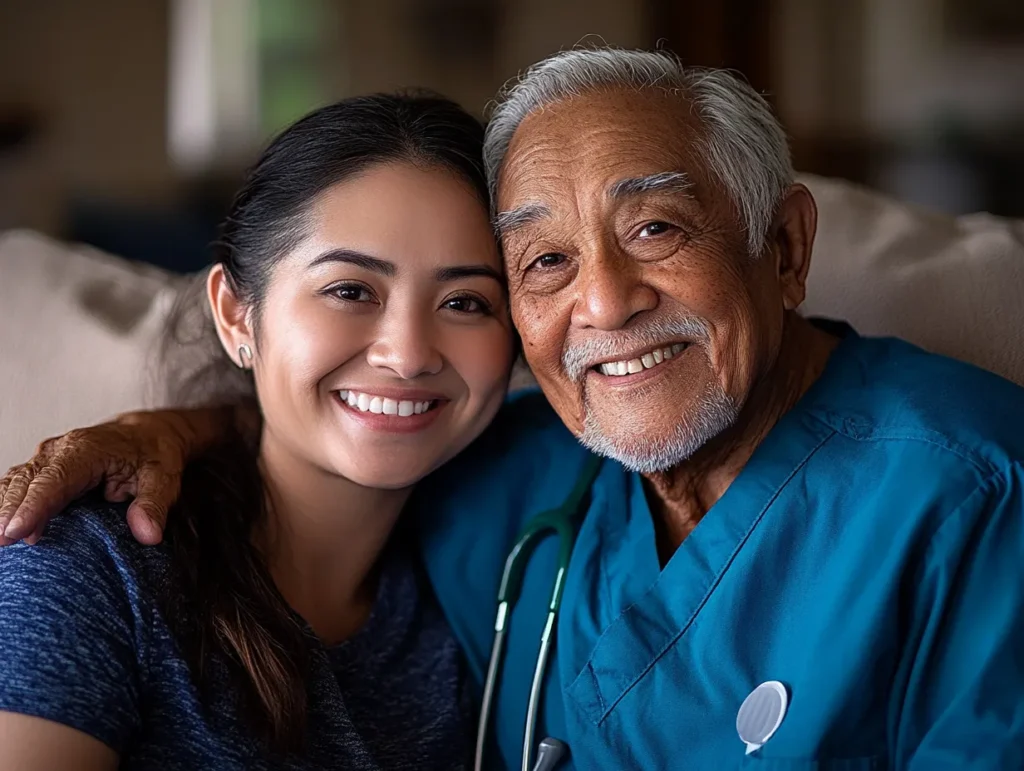 Smiling elderly man with a compassionate caregiver in a nursing home, representing high-quality senior care in Chicago.