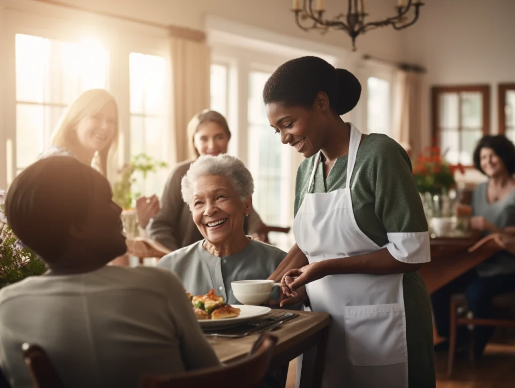 A cheerful elderly woman enjoying a meal in a warm community setting, served by a smiling caregiver. Other community members are engaged in conversation, highlighting strong home health care and social support.