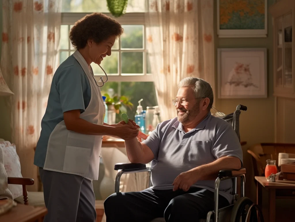 A compassionate home healthcare services nurse assisting a smiling elderly patient in a wheelchair in a cozy, well-lit home setting. The scene highlights personalized in-home medical care and support.