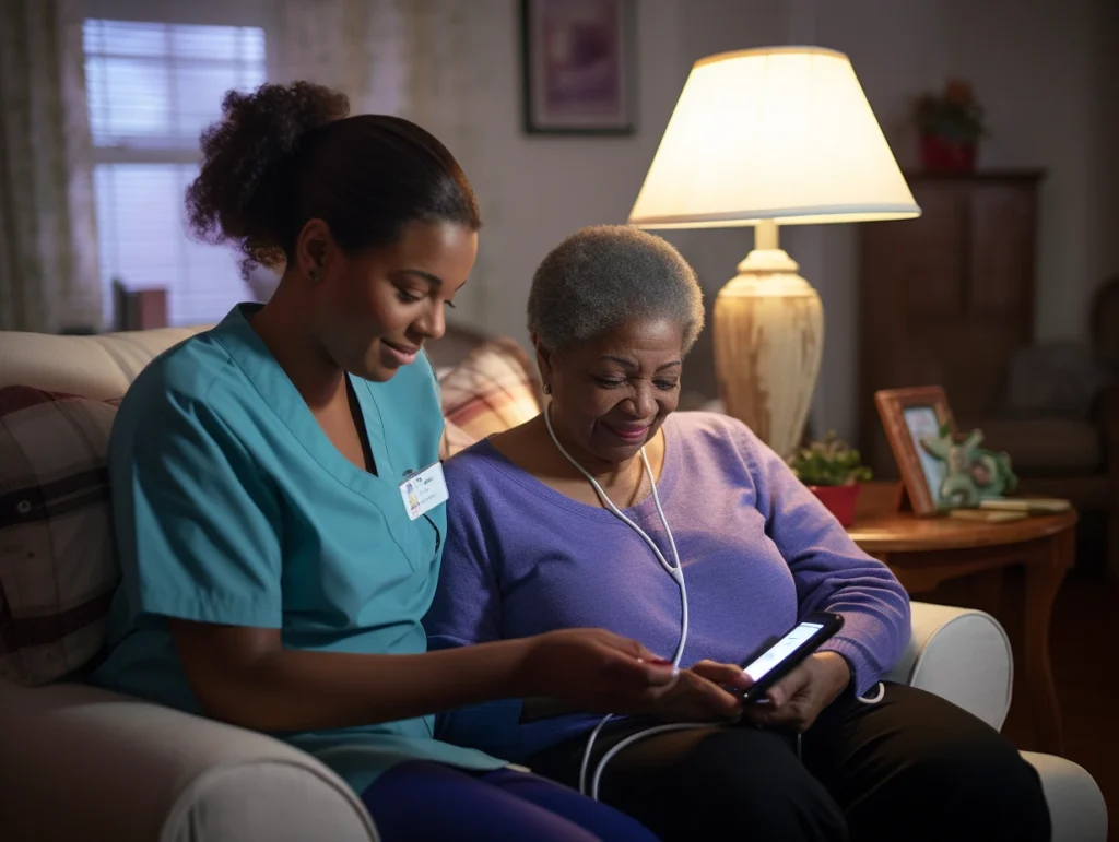 A compassionate home healthcare nurse assisting an elderly woman in Chicago with a digital health monitoring device in a warm, well-lit living room.