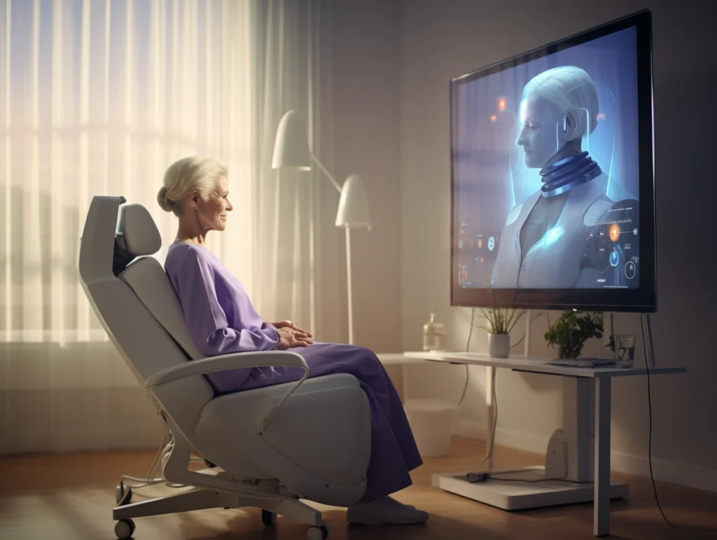 An elderly woman in a modern home healthcare setting, sitting in a comfortable reclining chair while interacting with an AI-powered virtual health assistant on a large screen.
