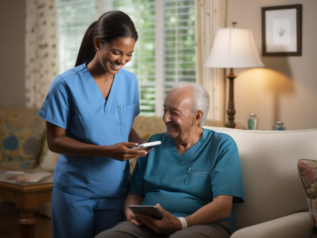 A smiling nurse in blue scrubs assisting an elderly man providing home halth care services in Chicago with a tablet in a cozy home setting.