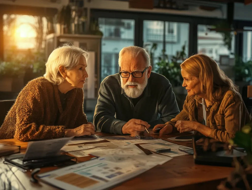 An elderly couple discussing nursing home financial planning with a consultant, reviewing documents and cost options for long-term care in Chicago.