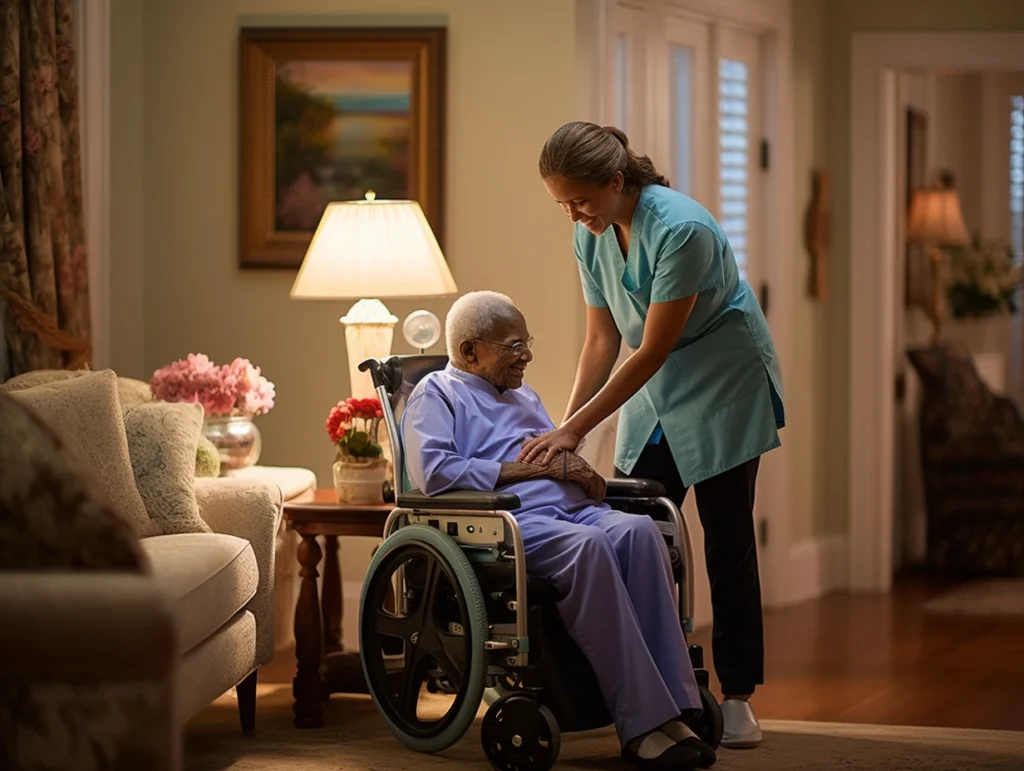 A compassionate caregiver in a light blue uniform gently holds the hands of a smiling elderly woman in a wheelchair in a warmly lit home setting. Midwest home health care services in Chicago.