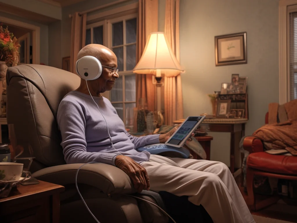 An elderly woman wearing headphones enjoys digital content on a tablet while sitting in a cozy living room. Our home health care services in Chicago helps in providing support for elderly.
