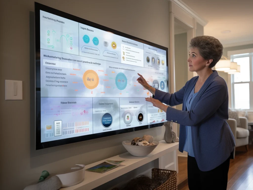 A senior woman interacts with a large digital smart screen displaying data visualizations in a modern home setting courtesy by our home health care services.