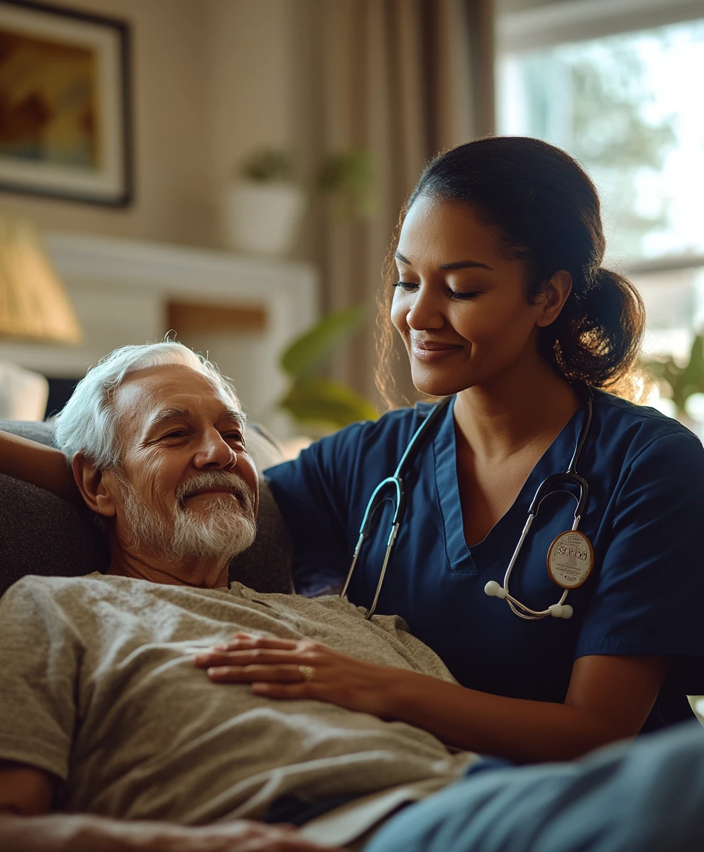 A caring Midwest Healthcare Providers nurse offering compassionate in-home healthcare support to a senior patient.